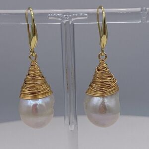 Earrings, new, real baroque pearl, impressive size, gold plated sterling silver